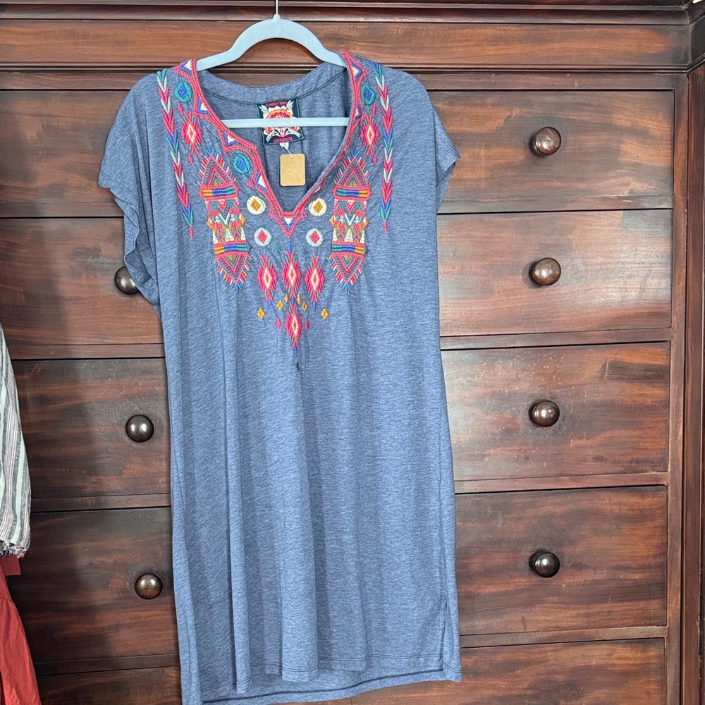 Johnny Was Blue Dress with Colorful Embroidery